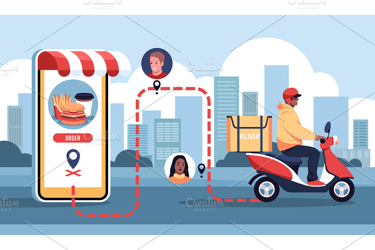 Food delivery service. Urban, a Transportation Illustration by YummyBuum