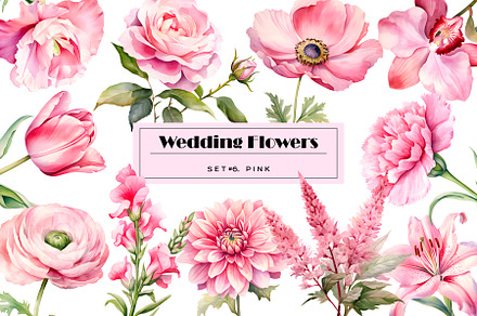 Watercolor pink wedding flowers set
