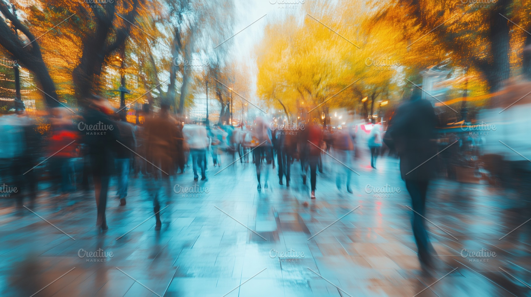 A blurred image of a bustling city street during autumn, with people walking am, an Industrial Photo by Textures & Backgrounds