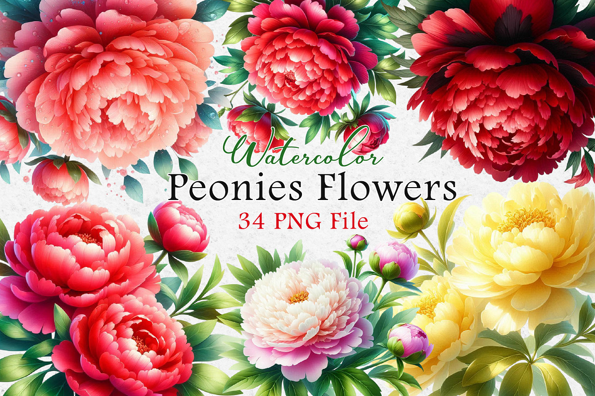 Watercolor Peonies Flowers Clipart, an Illustration by Dream Creation (Photo 1 of 4)