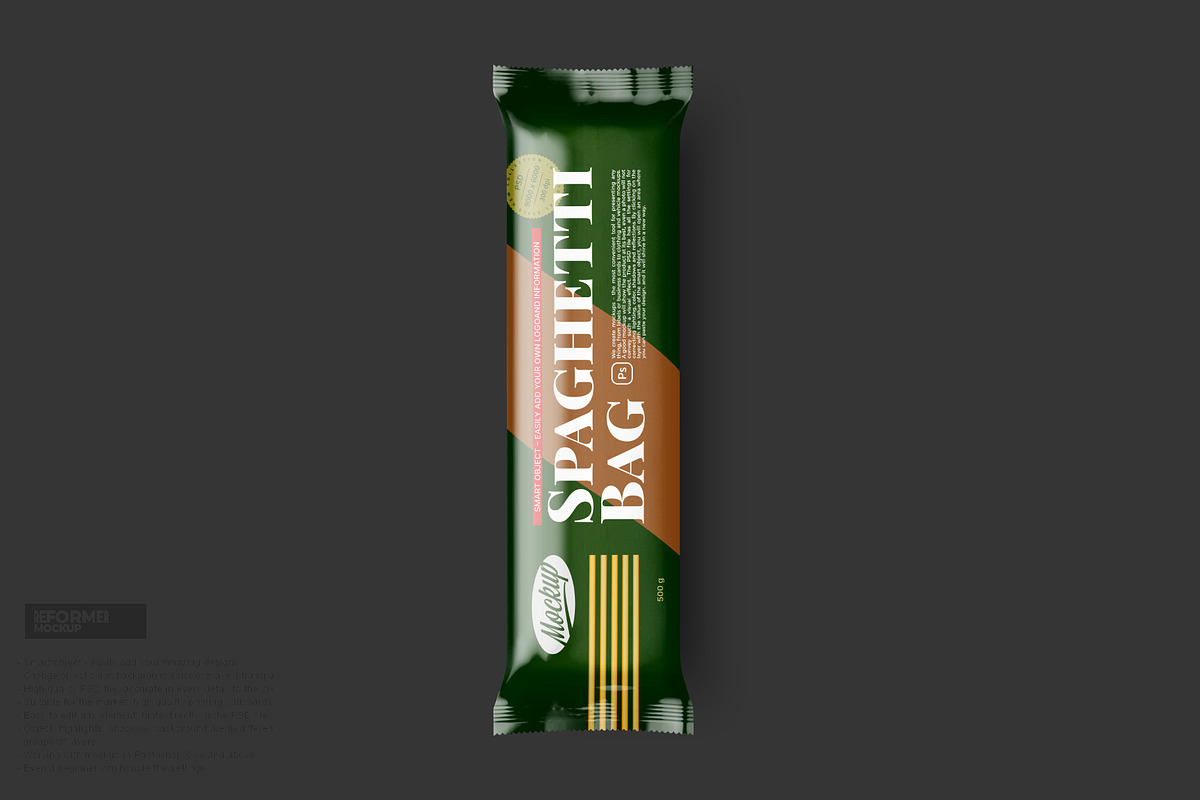 Glossy Spaghetti Bag Mockup, a Packaging Mockup by Reformer Mockup (Photo 1 of 4)
