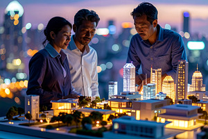Architects observing futuristic city model on rooftop, a Business Photo by DanFLCreativo