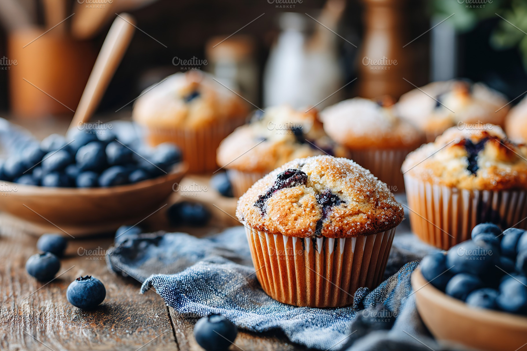 Delightful blueberry muffins with a perfect sugar crust on a rustic wooden tabl, a Food & Drink Photo by AlyaAnd