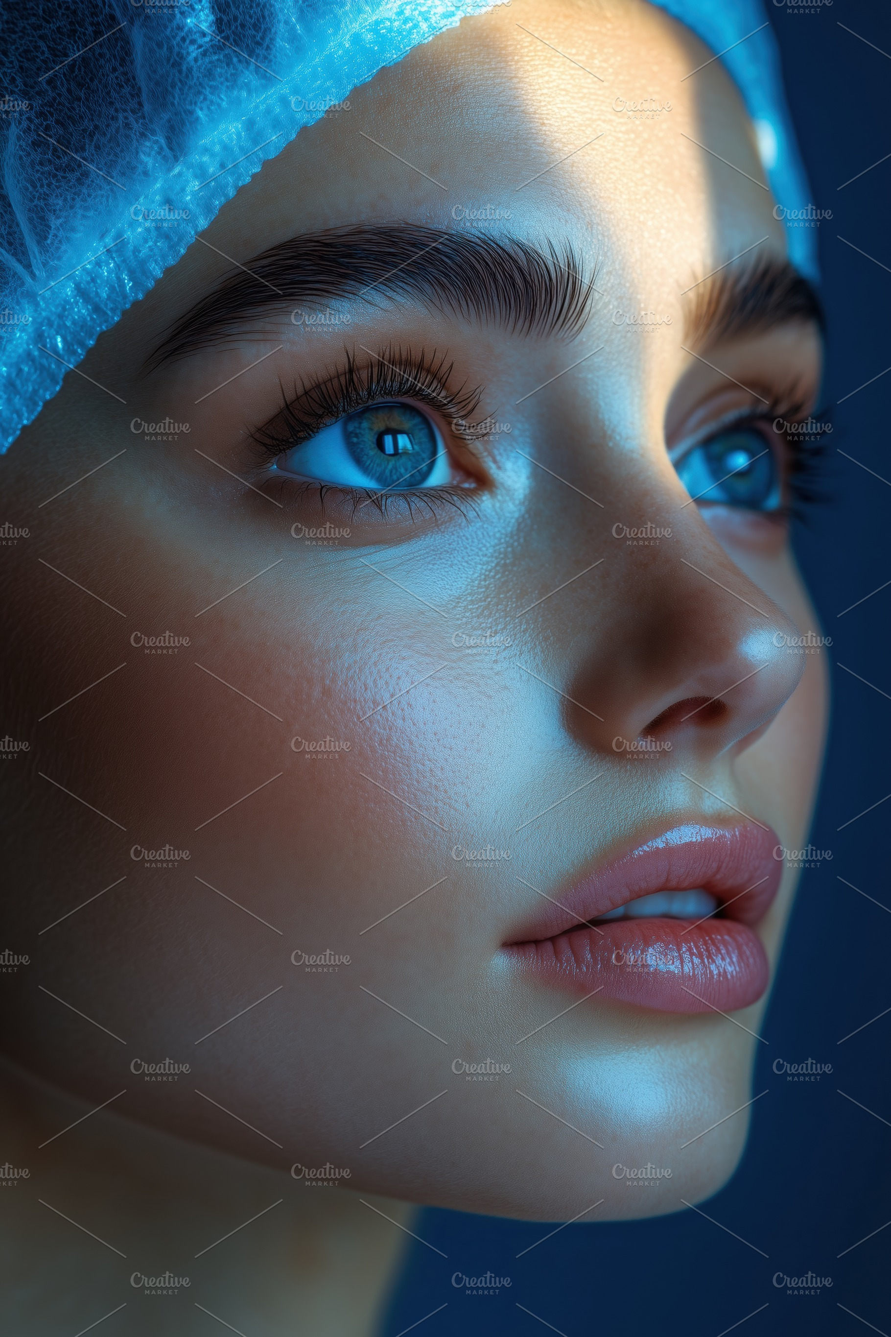 A close-up portrait of a young woman esthetic technologist with striking blue e, a Person Photo by Textures & Backgrounds