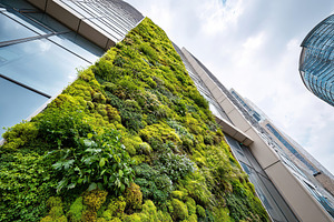 Vertical moss wall enhances urban environment by absorbing carbon dioxide, a Photo by AlyaAnd