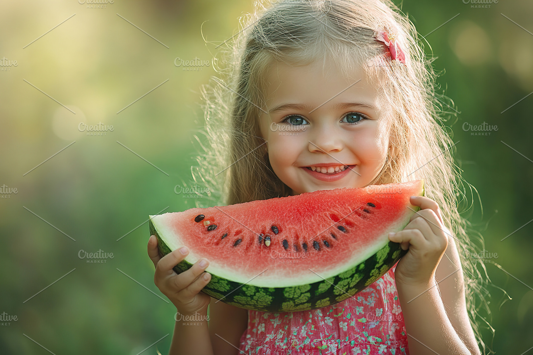 Cute little girl eating ripe slice of watermelon on blurred gree, a Person Photo by AlyaAnd