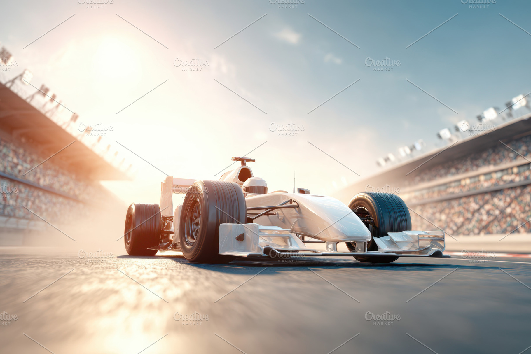 Formula one car racing at sunset, a Sports & Recreation Photo by AlyaAnd
