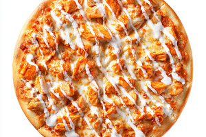Spicy chicken pizza with white sauce drizzle, a flavorful fast f, a Photo by Studio ANNA