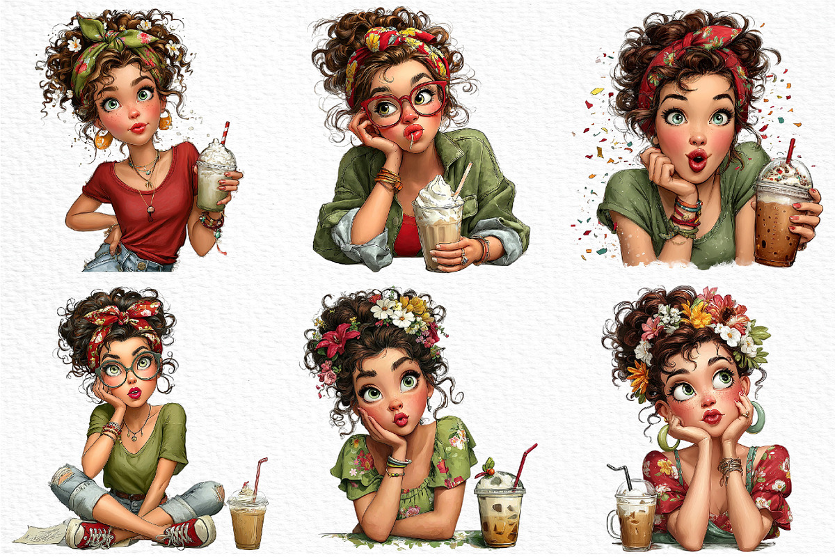 Whimsical Summer Coffee Girl Clipart, an Illustration by Craft Nest (Photo 3 of 12)