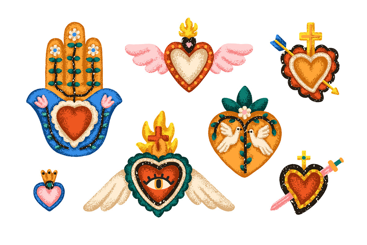 Vintage sacred Mexican hearts set, a Decorative Illustration by Good Studio (Photo 4 of 10)