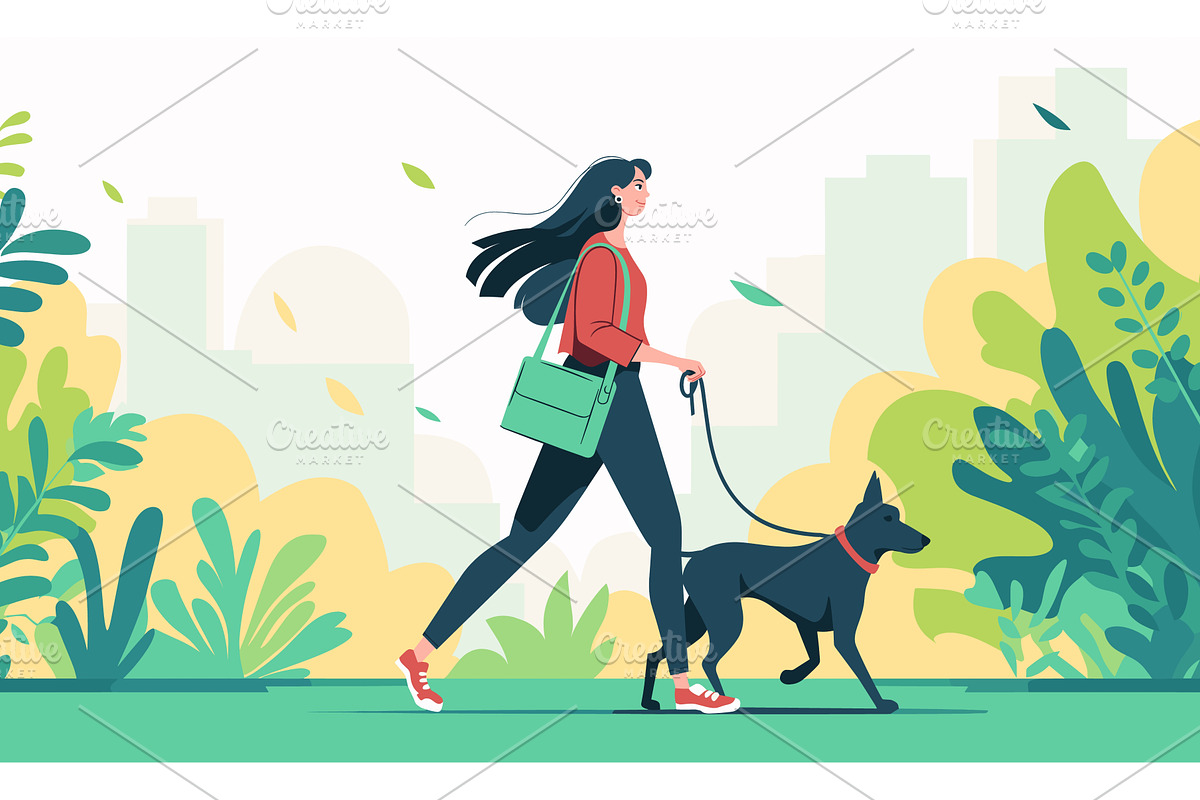 Woman walking dog. Flat female, an Animal Illustration by Stock-Smart-Start