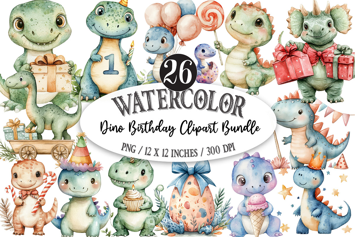 Dino Birthday Clipart Bundle, an Illustration by Designking (Photo 1 of 5)
