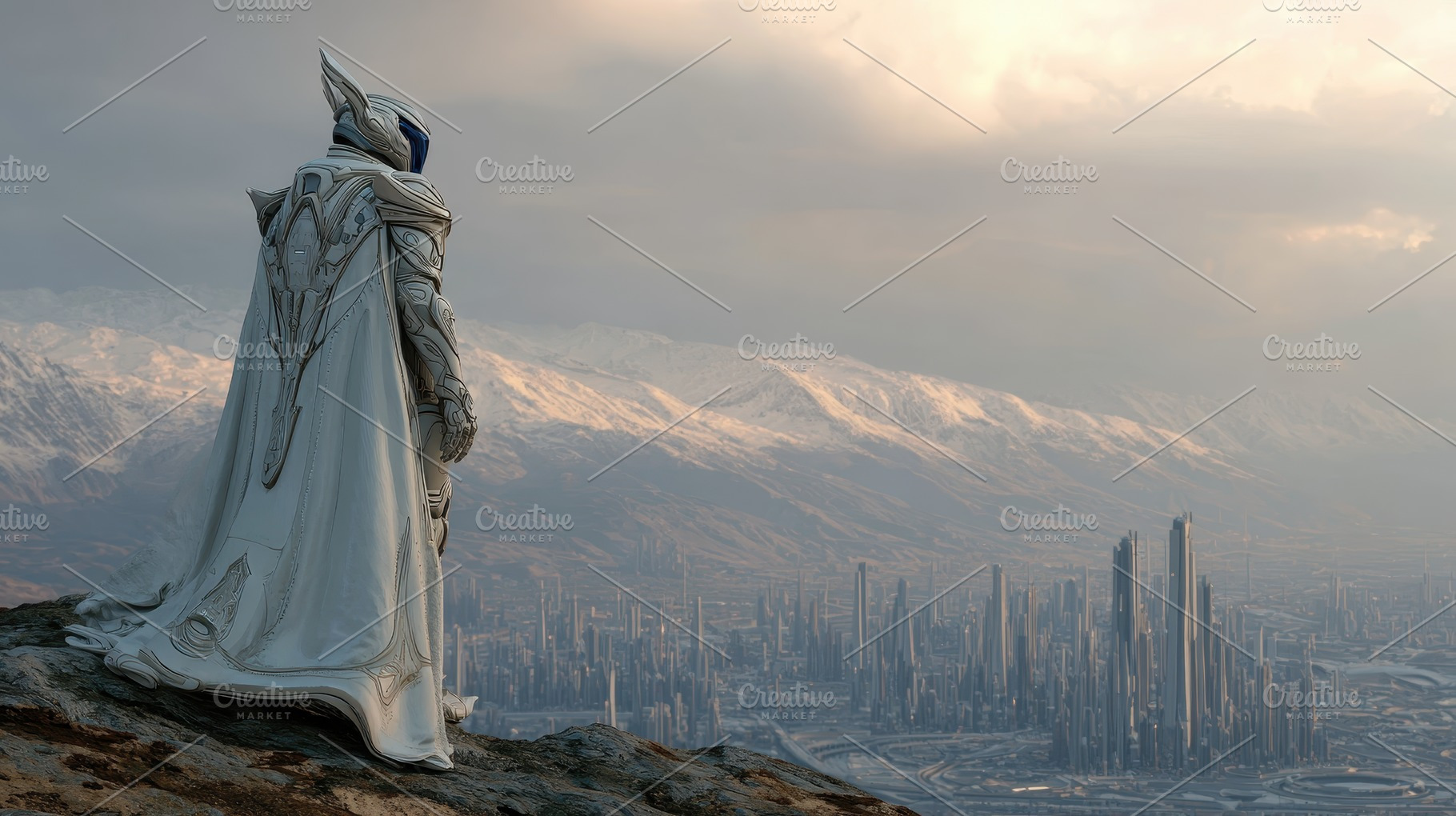 Futuristic Knight Surveys SciFi City, a Photo by Pixeness Studio
