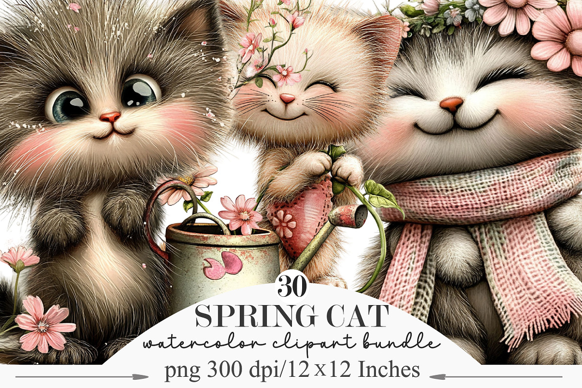 Whimsical Spring Cat Clipart, an Illustration by Designking (Photo 1 of 5)