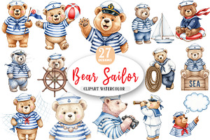 Bear Sailor Clipart, Nautical png, an Illustration by Watercolor design