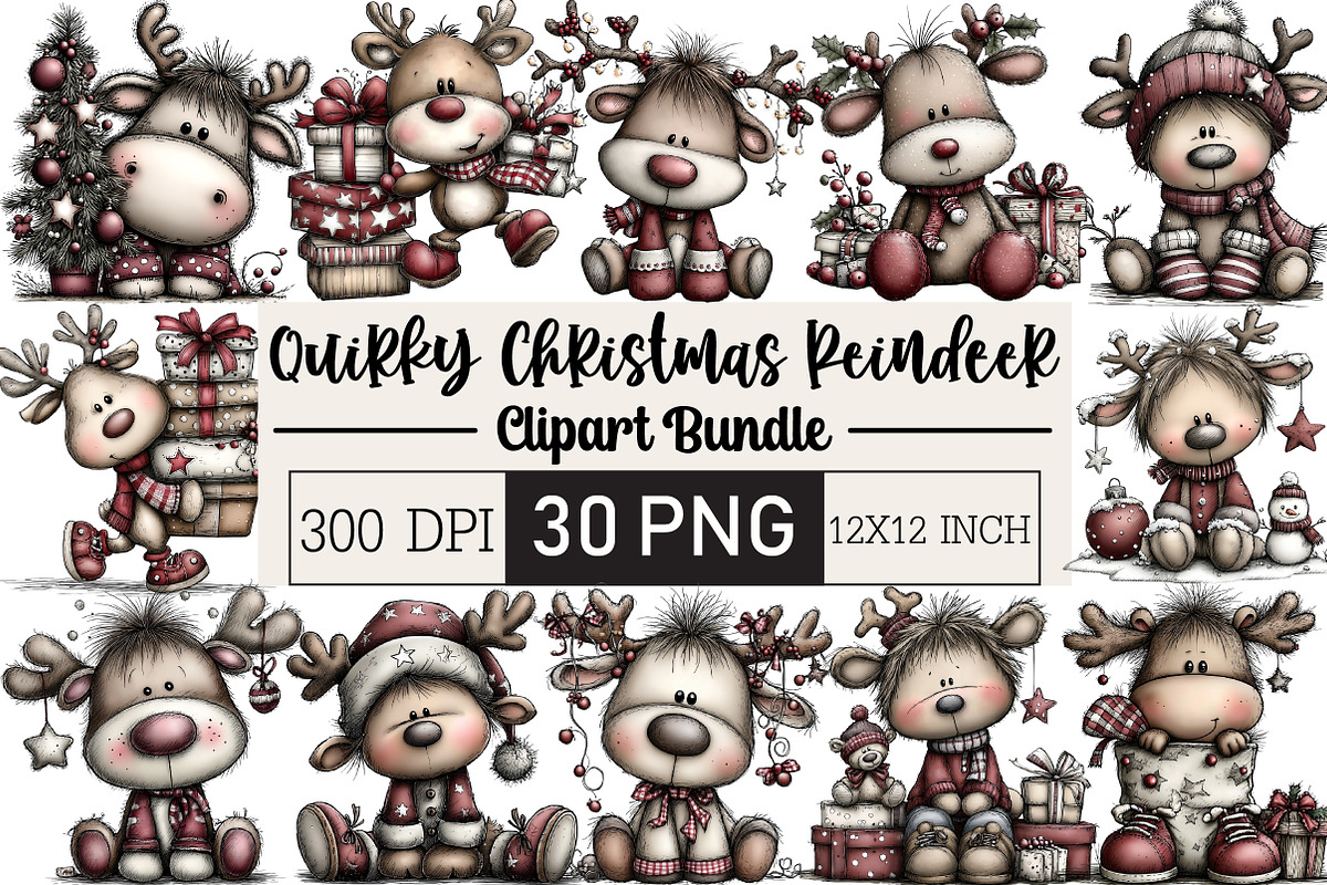 Quirky Christmas Reindeer Clipart, an Illustration by Black Bird Studio (Photo 1 of 6)