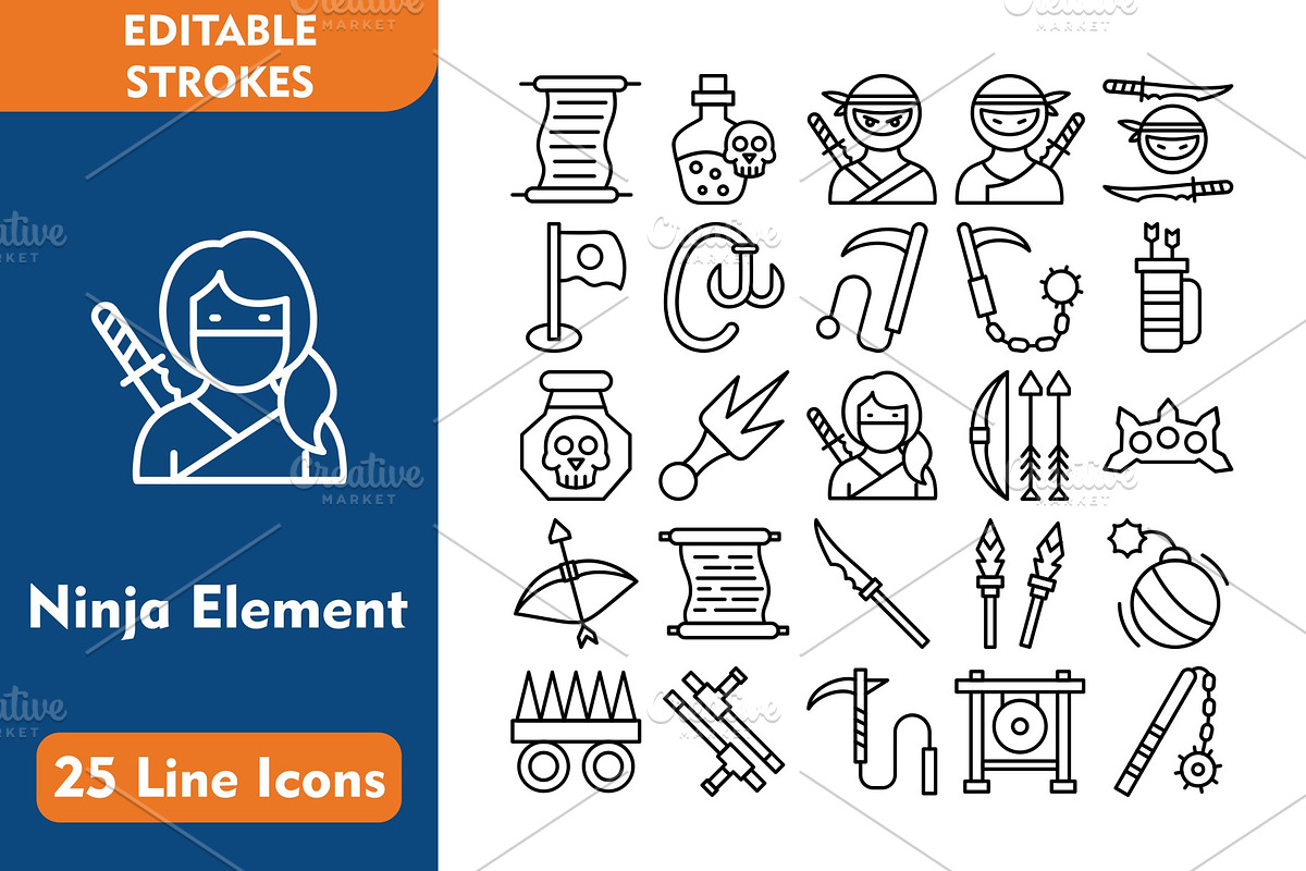 25 Ninja Element Line Icons, an Icon by Pexelpy