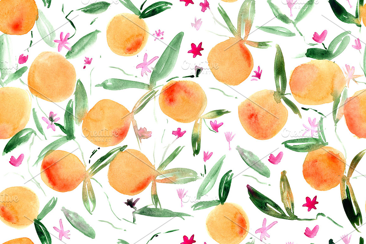 Watercolor tangerines seamless art, a Pattern Graphic by Katerina Tova