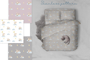 Watercolor Cute Bunny Pattern JPEG