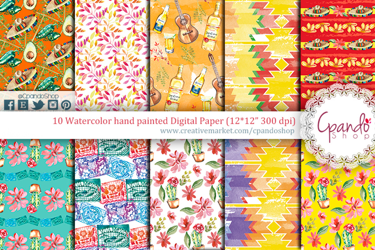 Fiesta Watercolor digital paper, a Pattern Graphic by CpandoShop (Photo 1 of 2)