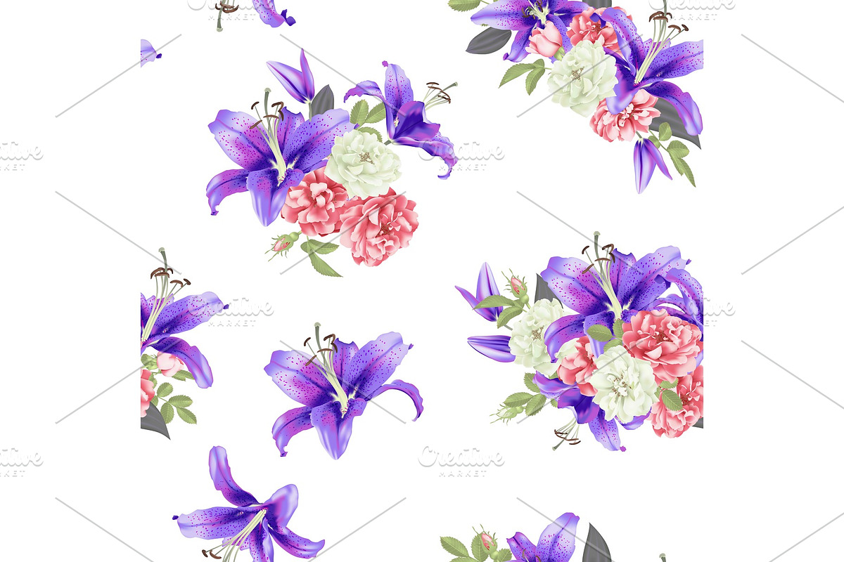 Rose and violet lily seamless pattern Vector, a Decorative Illustration by irska
