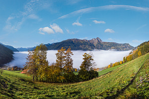Peaceful misty autumn morning mountain view from hiking path nea, a Nature Photo by YuriyB
