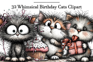 Whimsical Birthday Cats Clipart, an Illustration by DreamArtGraphic
