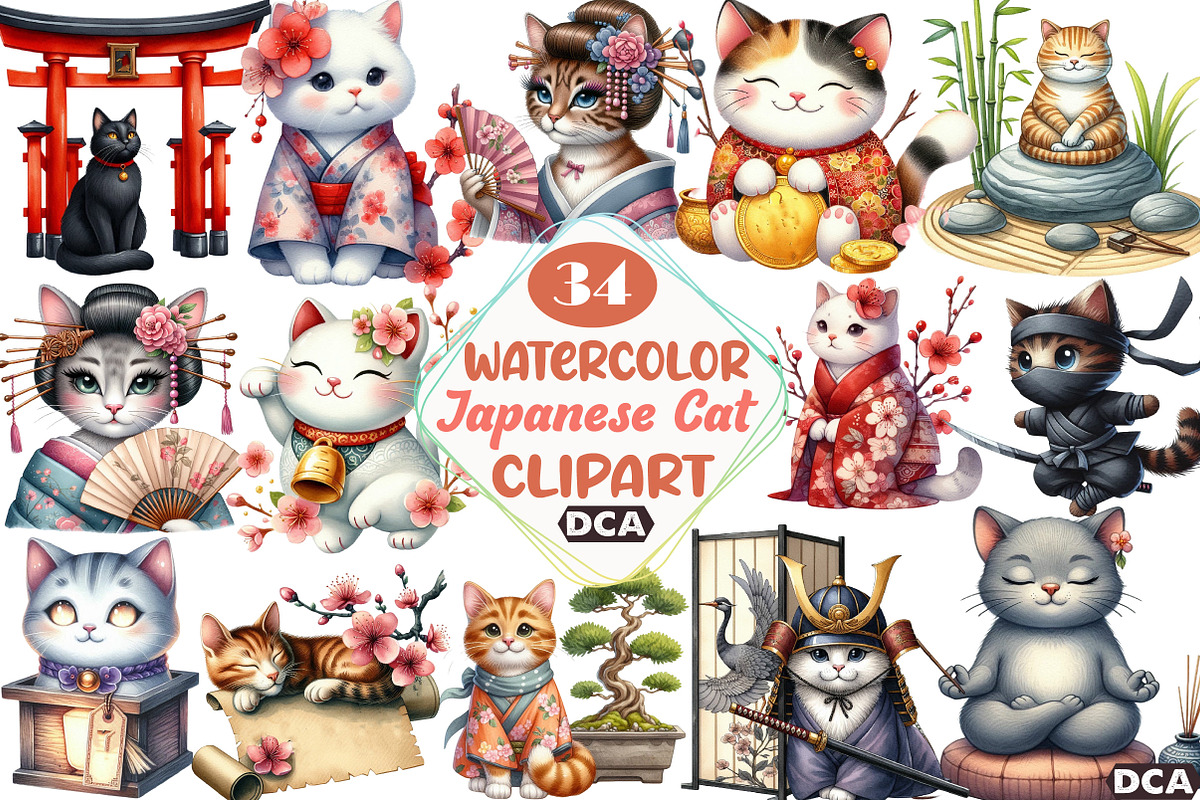 Beautiful Cat Bundle Japanese Style, an Illustration by DreamCafeArt (Photo 1 of 5)