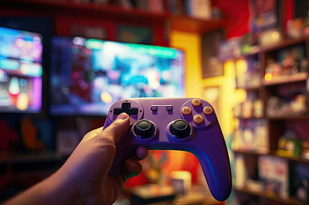 Close-up teenager hand holding a control panel for a game console, a Sports & Recreation Photo by zakiroff