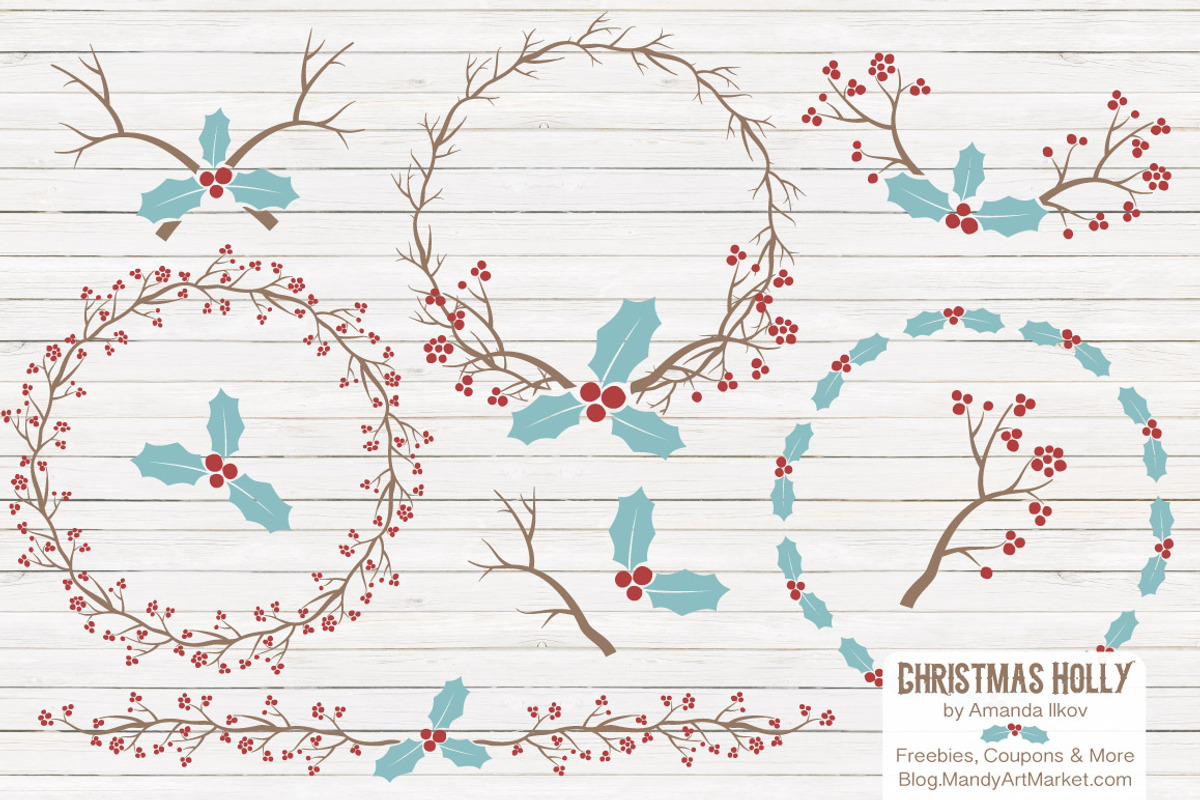 Red & Blue Christmas Holly Clipart, an Illustration by Amanda Ilkov (Photo 1 of 5)