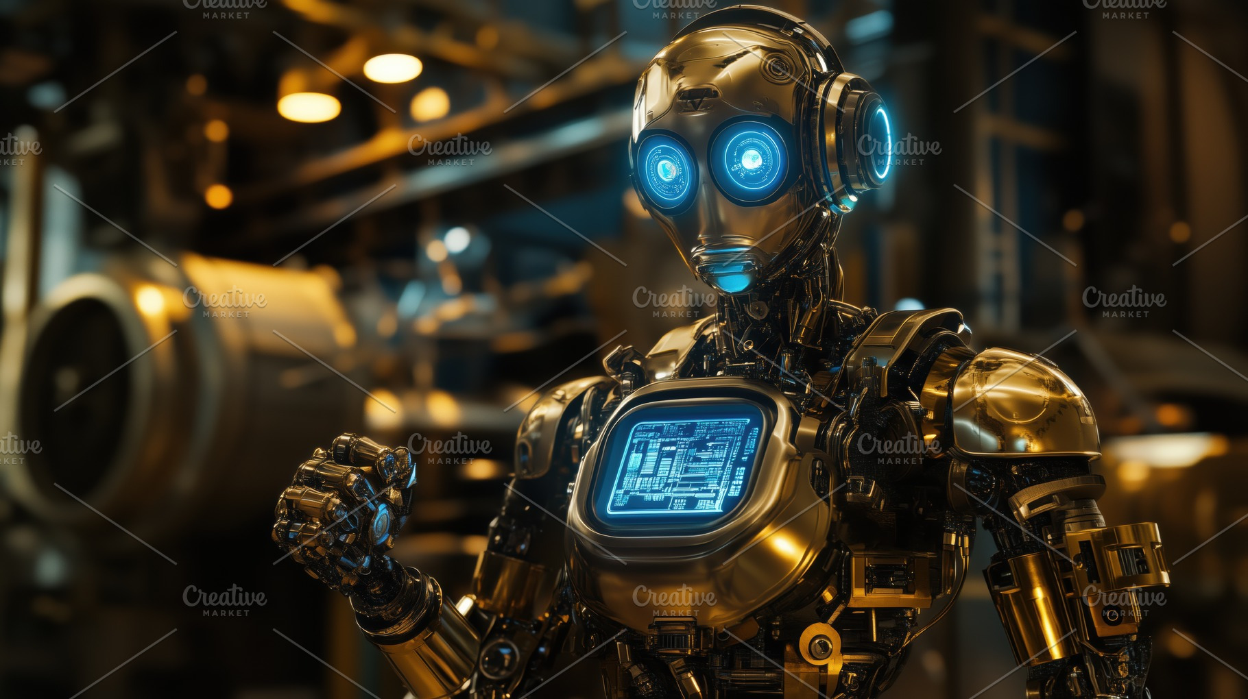 A futuristic robot with a shiny golden exterior and glowing blue eyes, standing, an Industrial Photo by Textures & Backgrounds