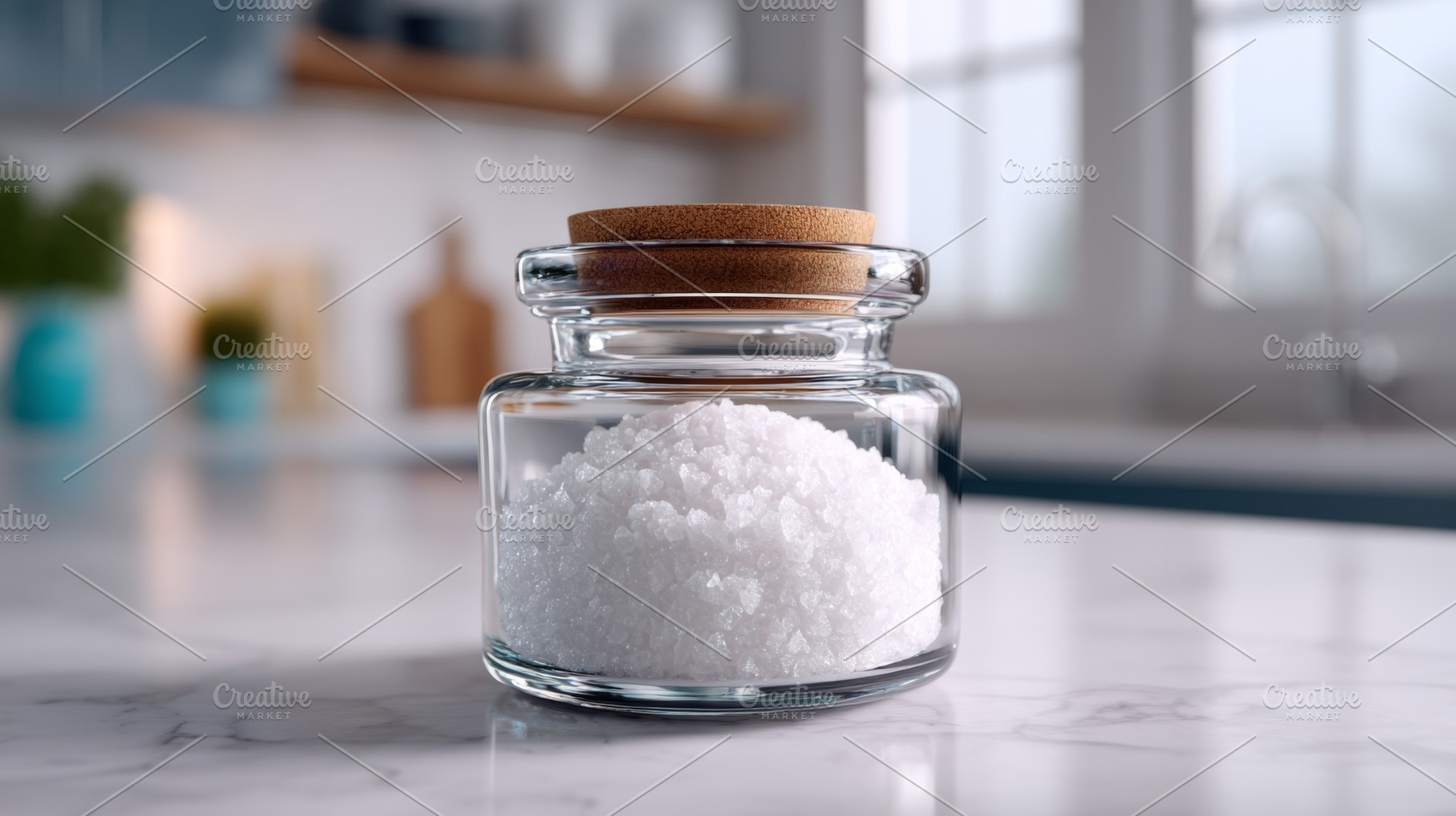 A close-up of a glass jar filled with coarse salt, set on a marble countertop,, a Business Photo by ImageMir