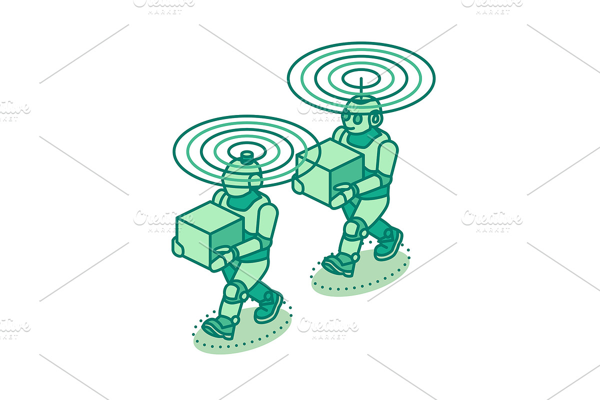 Isometric two robots carrying boxes, an Illustration by Booblgum