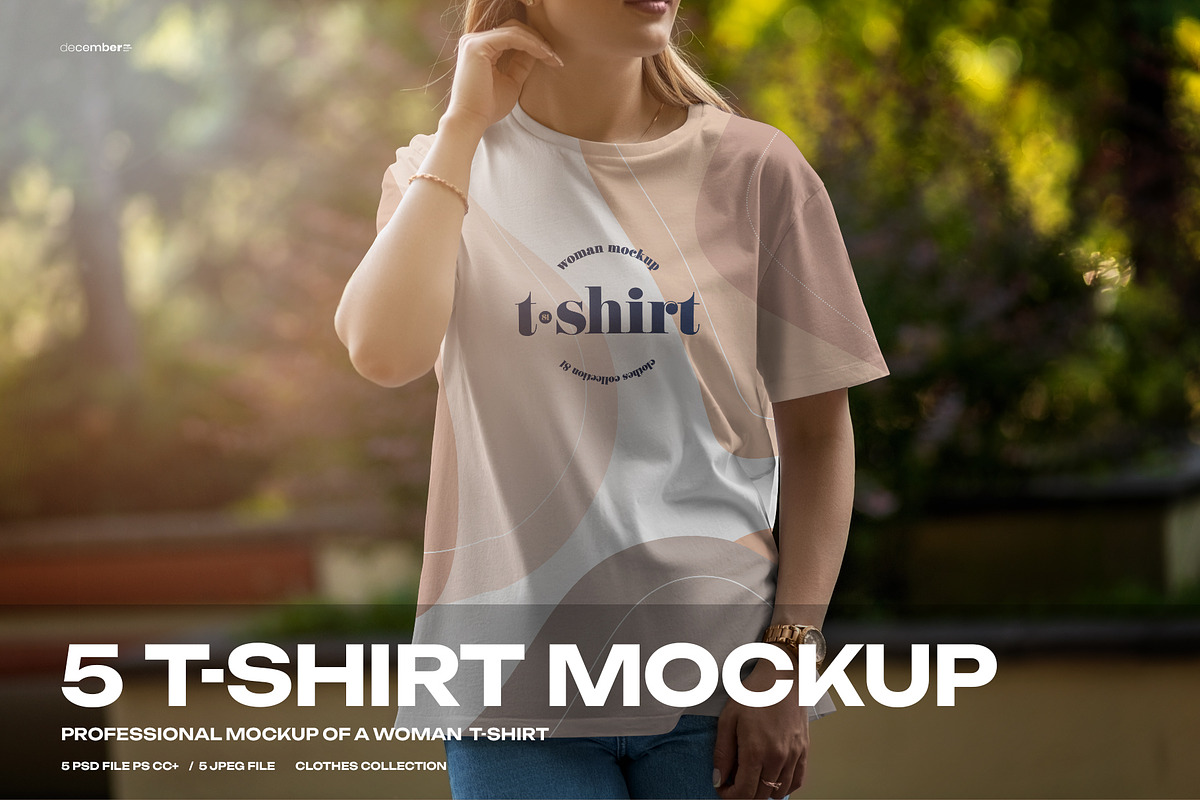 5 Mockups T-Shirt on a Girl Walking, a Shirt Mockup by Grow Design Craft Studio (Photo 1 of 8)