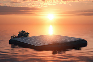 A serene sunset over calm waters, featuring a floating platform with a small tr, a Technology Photo by Textures & Backgrounds