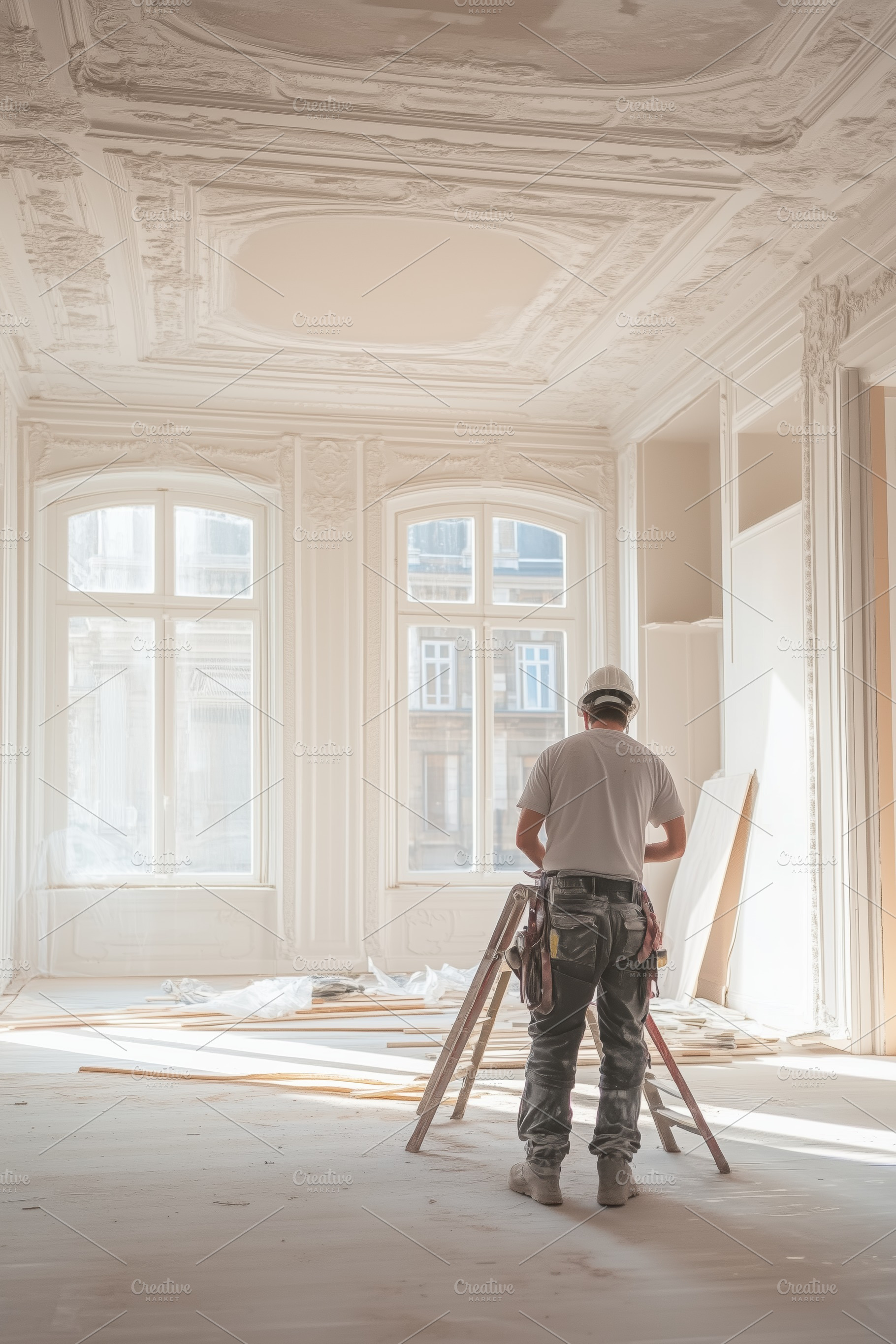 A construction worker stands in a bright, ornate room with large windows, worki, a Person Photo by Textures & Backgrounds
