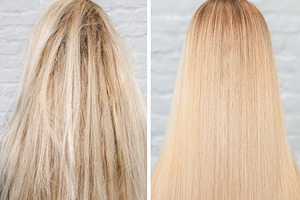 Before and after straightenin treatm featuring hair, after, and before
