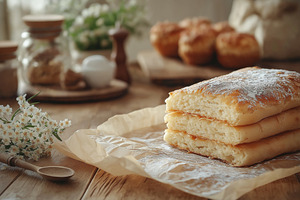 Freshly baked bread stacked on parchment paper, surrounded by soft lighting and, a Background Photo by ImageMir
