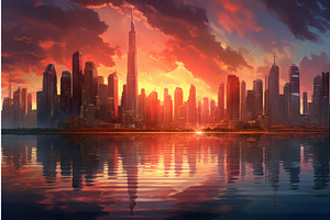 Tranquil Skyline City Sunset Lake