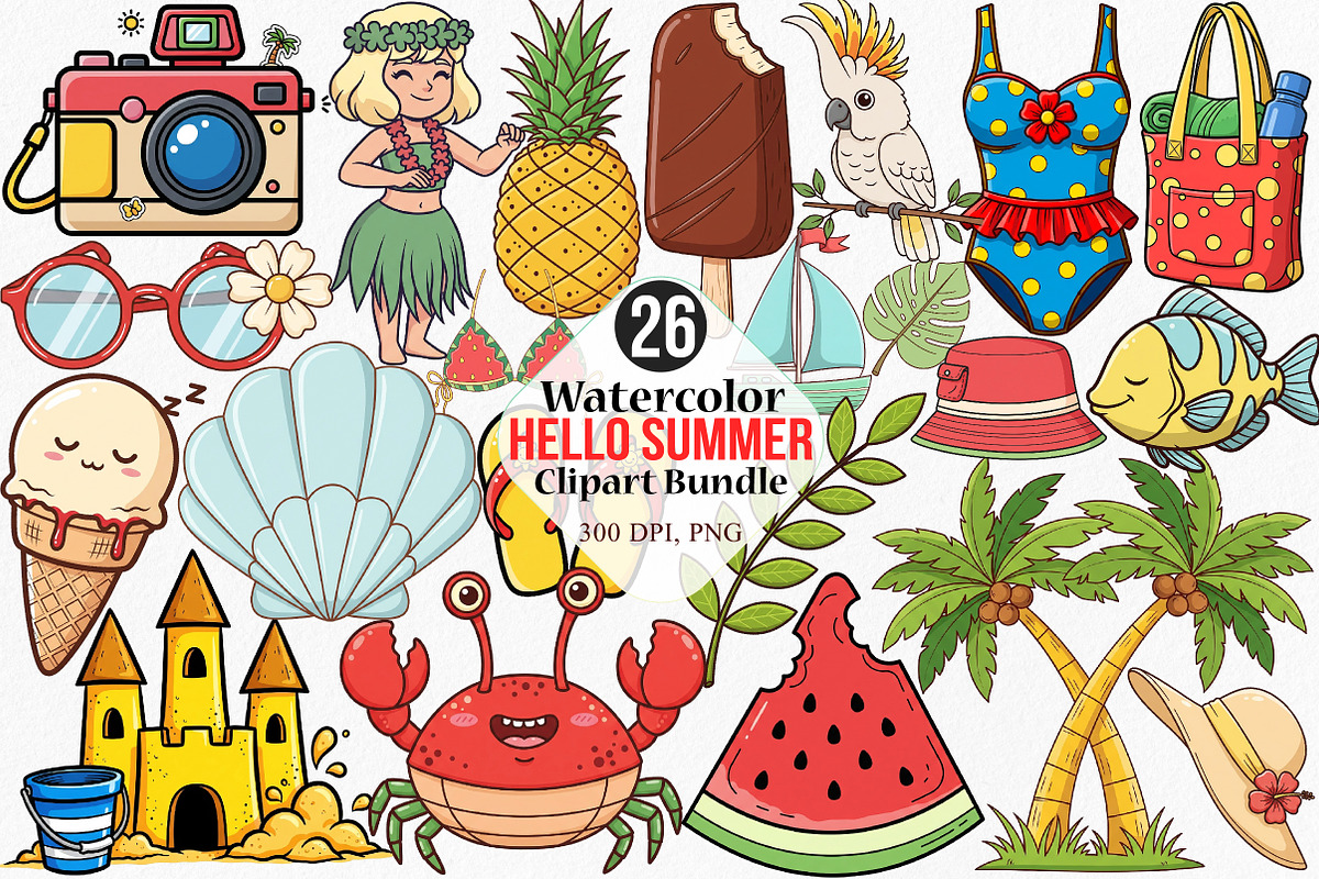 Watercolor Hello Summer Clipart, an Illustration by Canvas Craft (Photo 1 of 5)