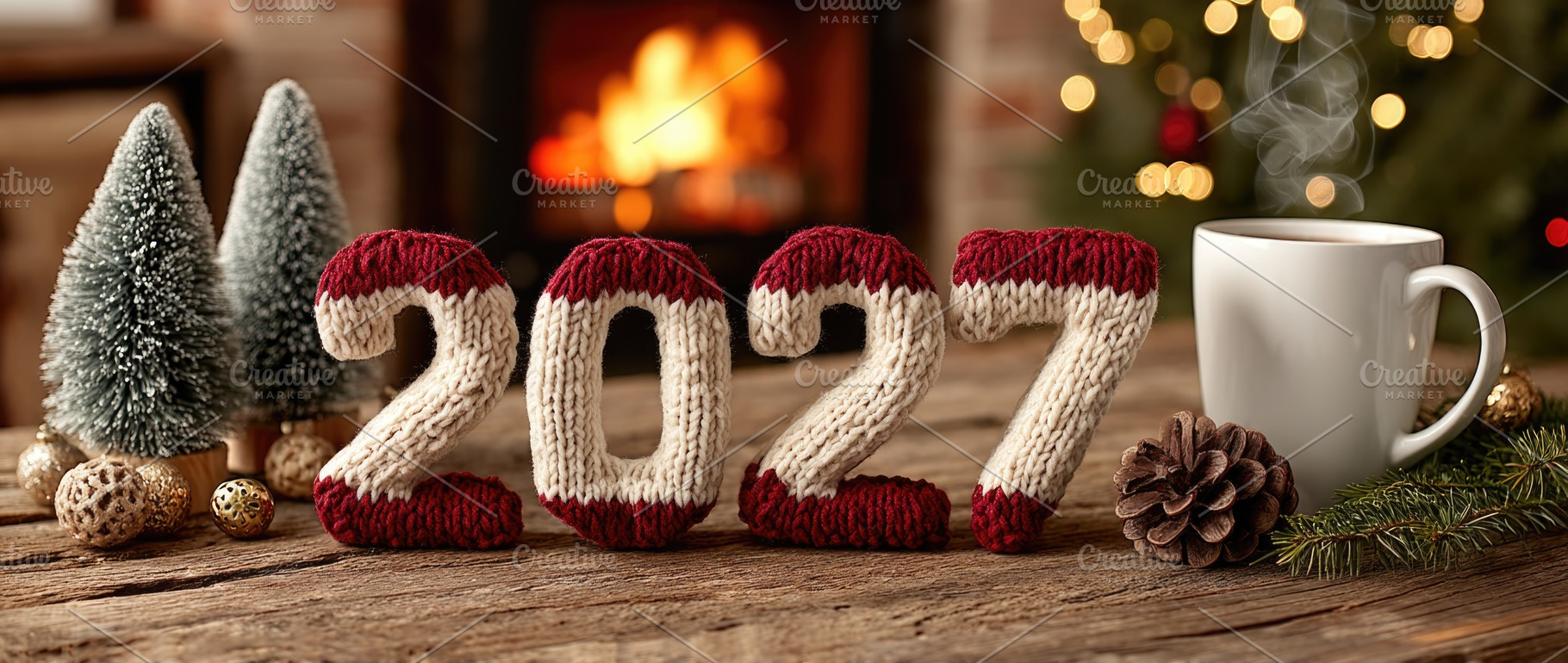 Cozy 2027 New Year Celebration with Knitted Numbers, Fireplace,, a Background Photo by José Manuel Gelpi