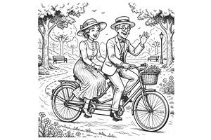 Vintage Couple Riding Tandem Bicycle