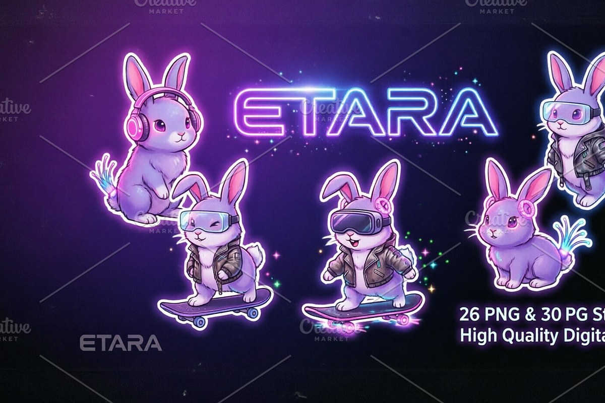 Cyberpunk Rabbit Stickers PNG & JPG, an Object Graphic by ETARA by Mea Hau (Photo 1 of 14)