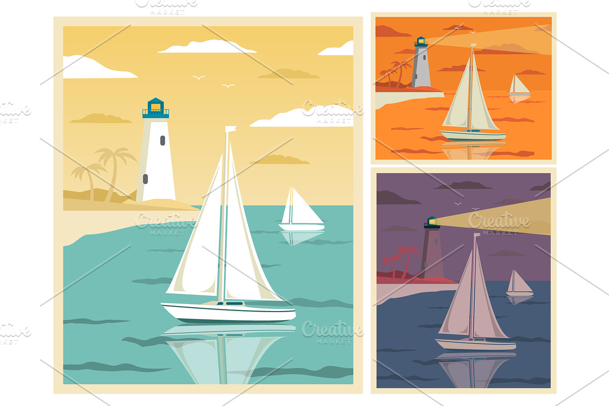 Sailing yacht with a lighthouse., an Illustration by Dukesn