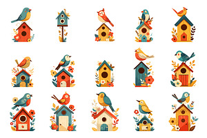 Set of cartoon cute birdhouses and, an Animal Illustration by LadadikArt