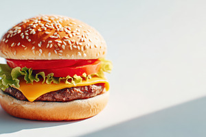Double cheeseburger with sesame bun, a Food & Drink Photo by AlyaAnd