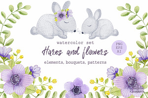 Watercolor hares and flowers