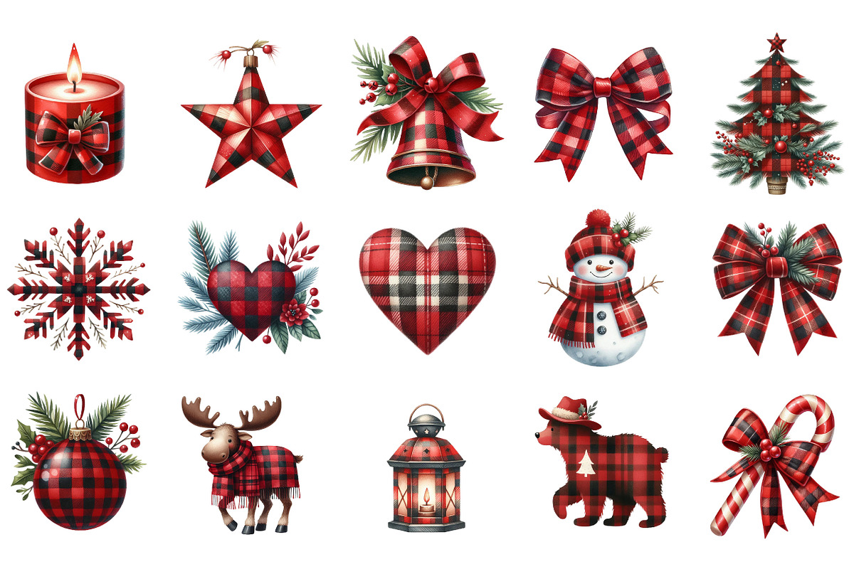 Red Buffalo Plaid Christmas Clipart, an Illustration by Designking (Photo 2 of 5)