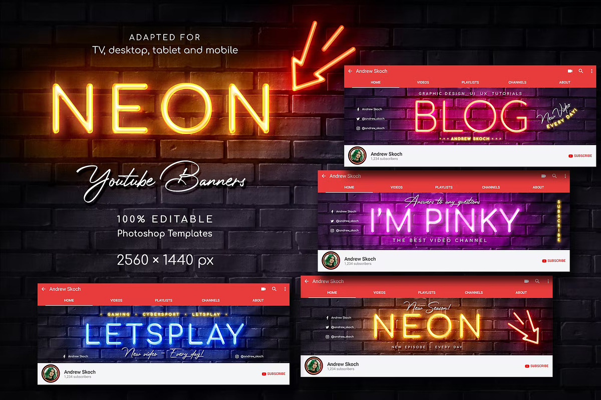Neon YouTube Channel Art, a Social Media Template by Andrew Skoch Design (Photo 1 of 4)