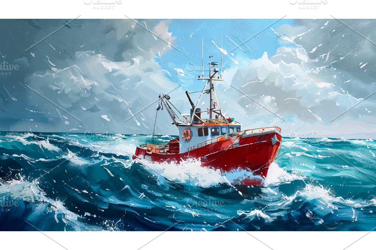 Fishing Boat on the High Seas Oil on, a Transportation Illustration by LadadikArt